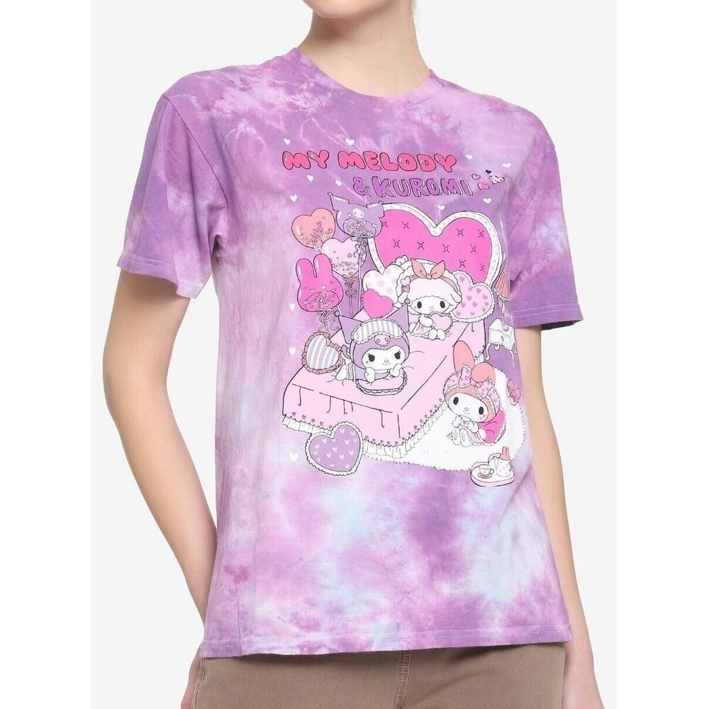 Sanrio My Melody & Kuromi Slumber Graphic Tee Women Tie-Dye Pastel Pink Purple M